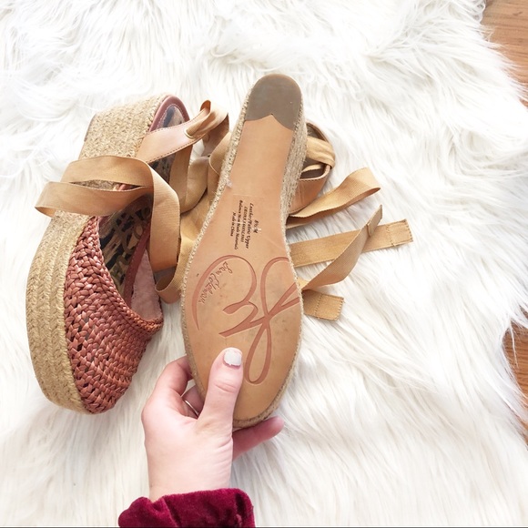 Sam Edelman Tie Up Straw Wedges Genuine Leather - Picture 4 of 9